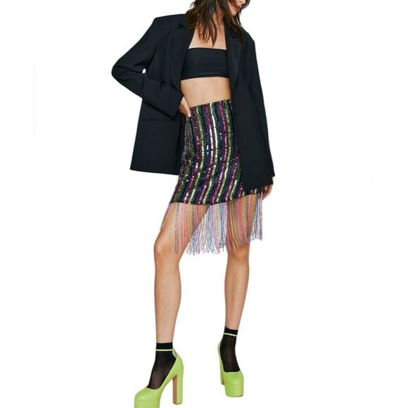 Nasty Gal Stripe Tassel Beaded Hem Mini Skirt New Size 6 - Picture 1 of 11